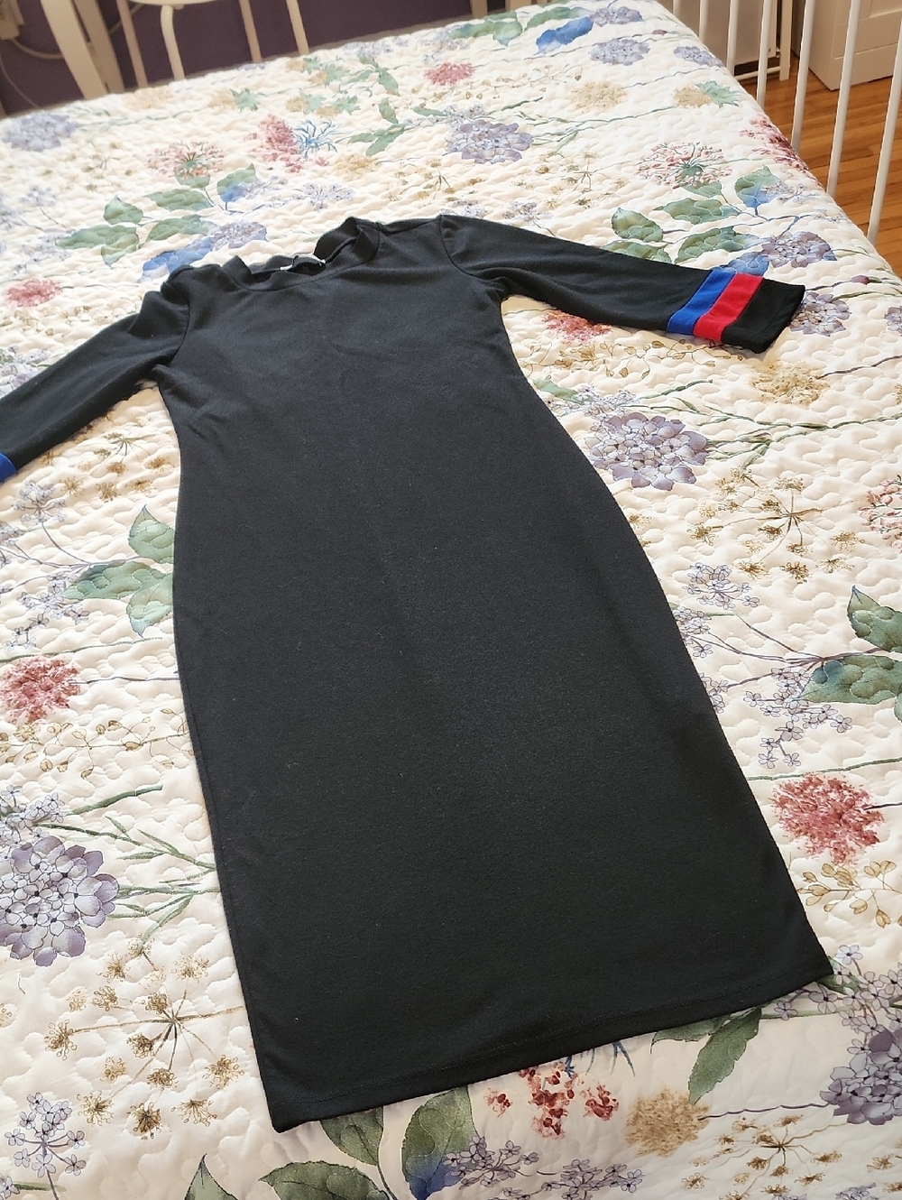 Zara Black Midi Dress with Red & Blue Sleeve Bands